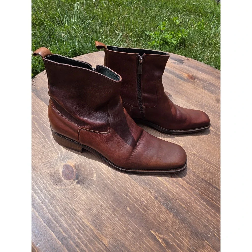 Kenneth Cole Men's Brown Leather Ankle Boots Size 12 Made in Italy Zip Up